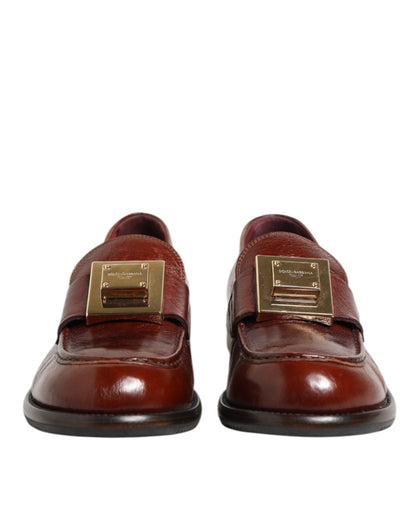 Brown Leather Logo Slip On Men Dress Shoes