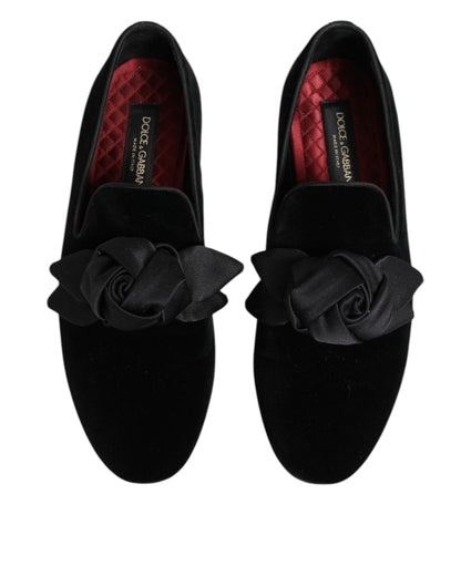 Black Suede Cotton Rose Slip On Loafers Shoes