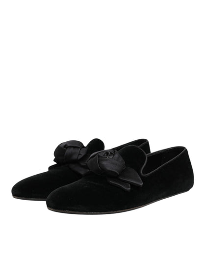 Black Suede Cotton Rose Slip On Loafers Shoes