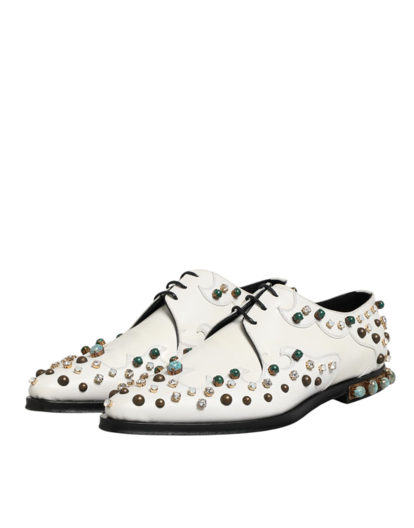 White Leather Crystals Embellished Derby Shoes