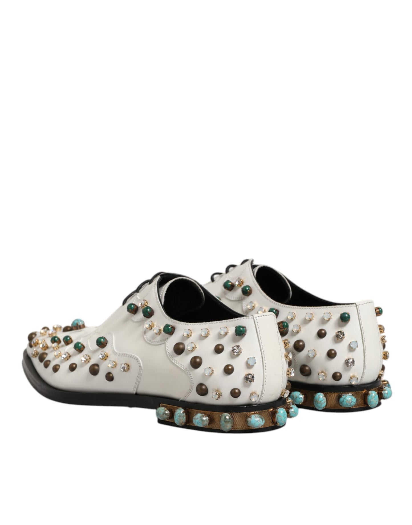 White Leather Crystals Embellished Derby Shoes
