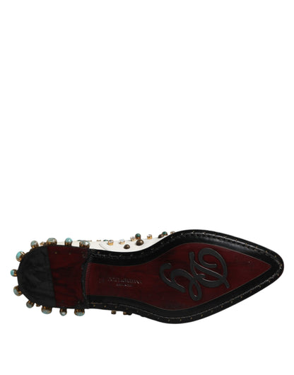 White Leather Crystals Embellished Derby Shoes