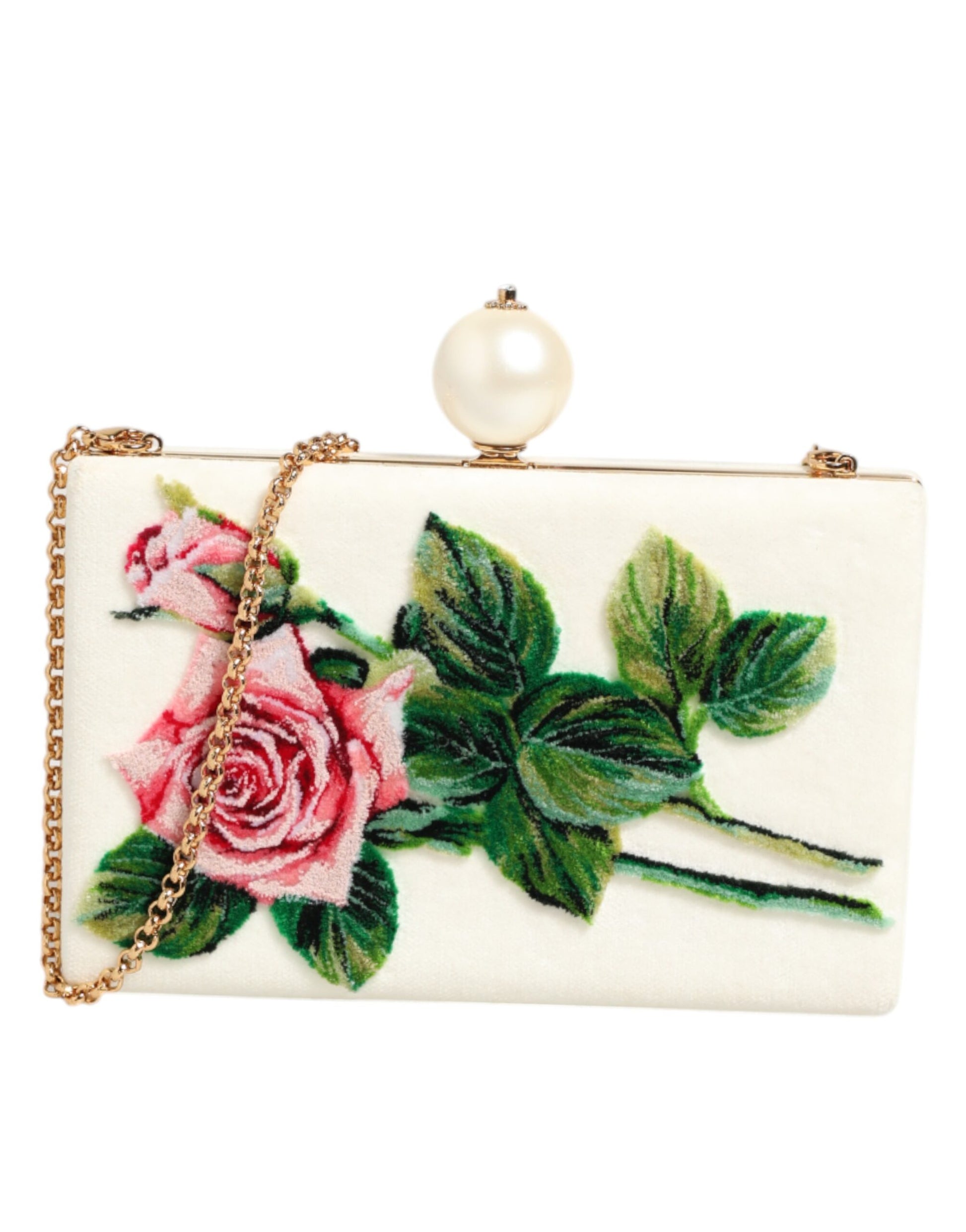 White Rose Embroidery Silk Gold Frame Clutch Purse Bag