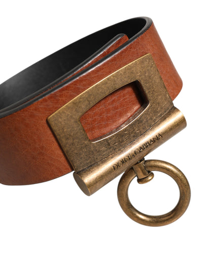 Brown Leather Side Rings Brass Buckle Belt