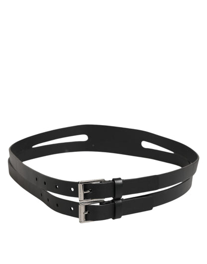 Black Double Strap Leather Silver Buckle Belt