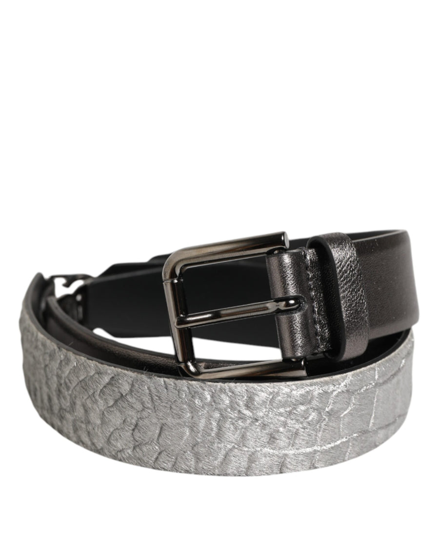Black Silver Pebbled Texture Leather Buckle Men Belt
