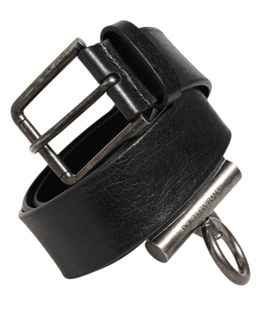 Black Leather Side Rings Brass Buckle Belt