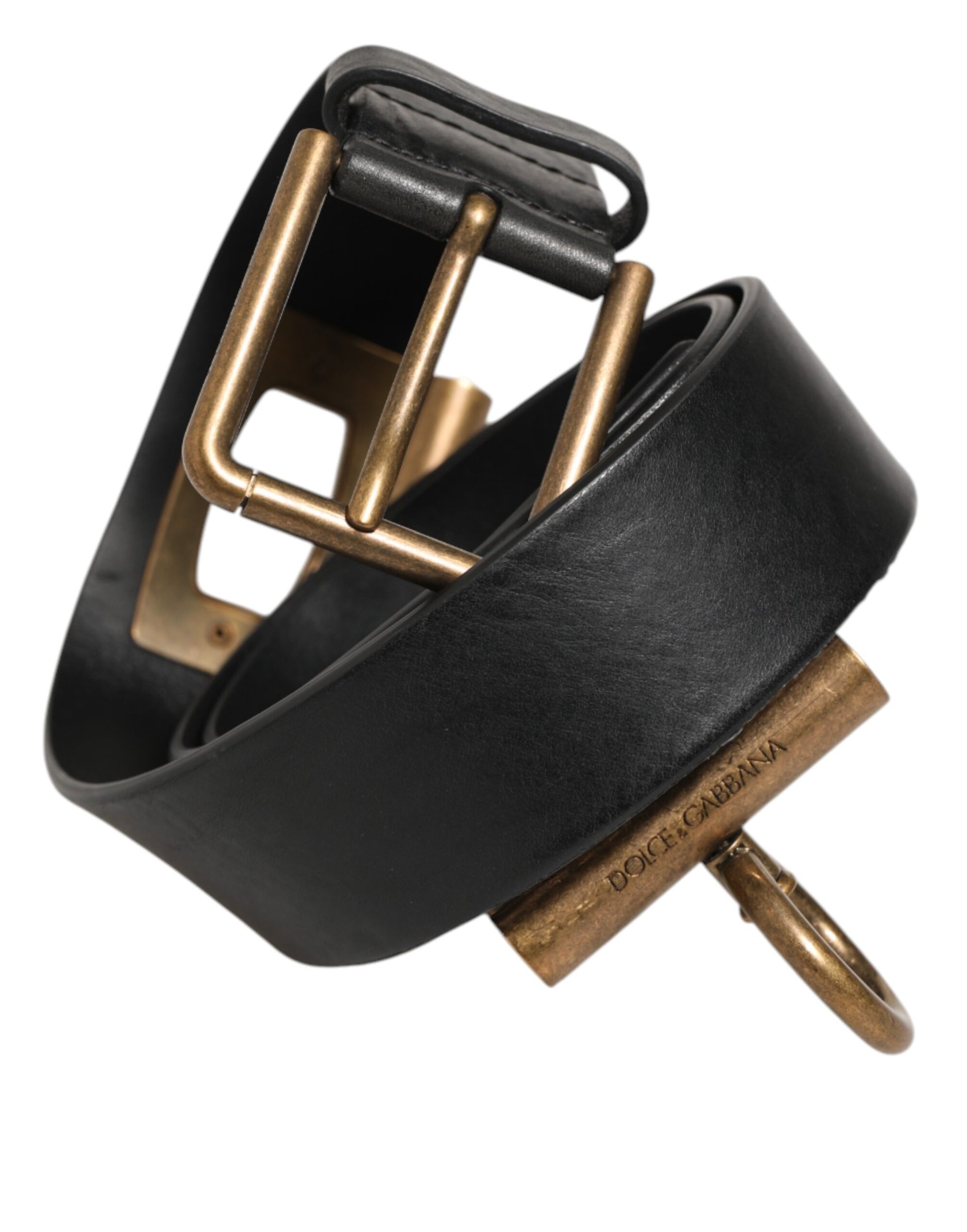 Black Leather Side Rings Brass Buckle Belt