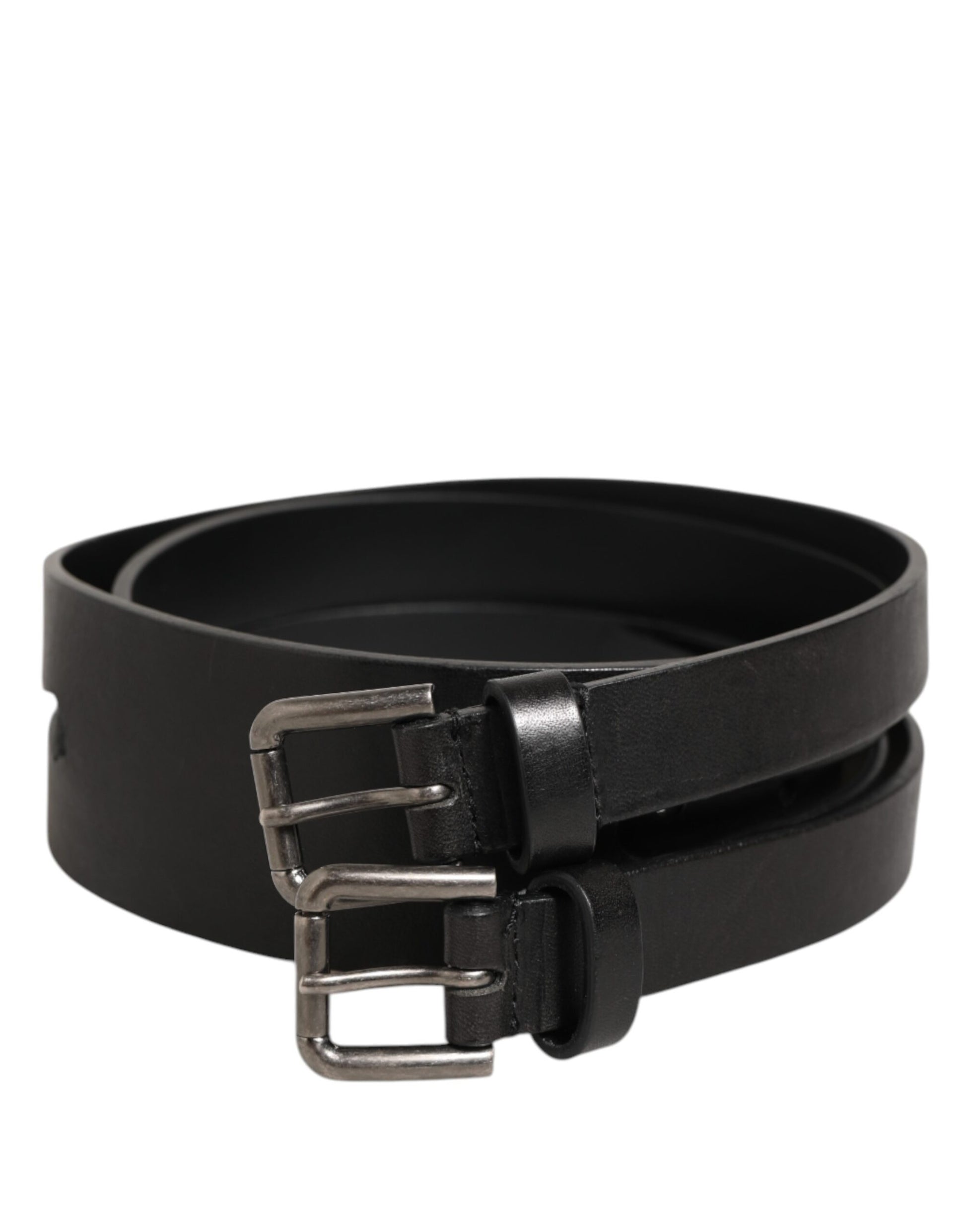 Black Double Strap Leather Silver Buckle Belt