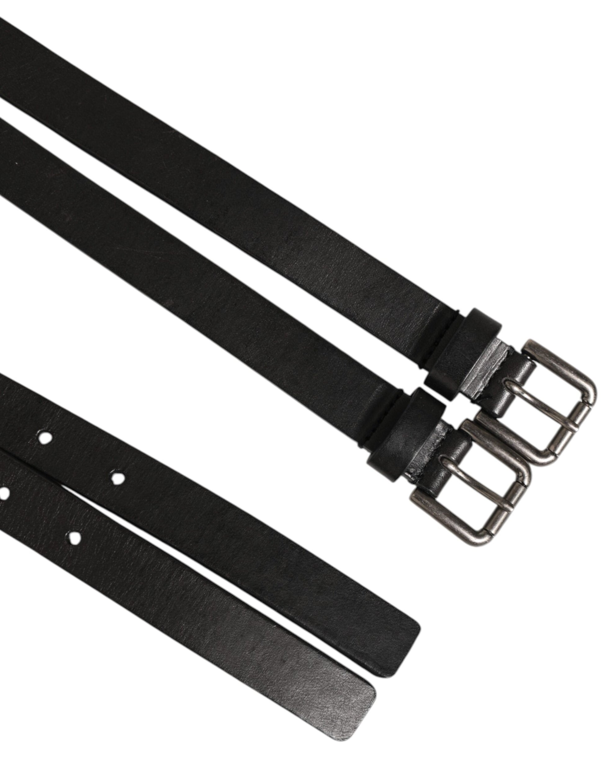 Black Double Strap Leather Silver Buckle Belt