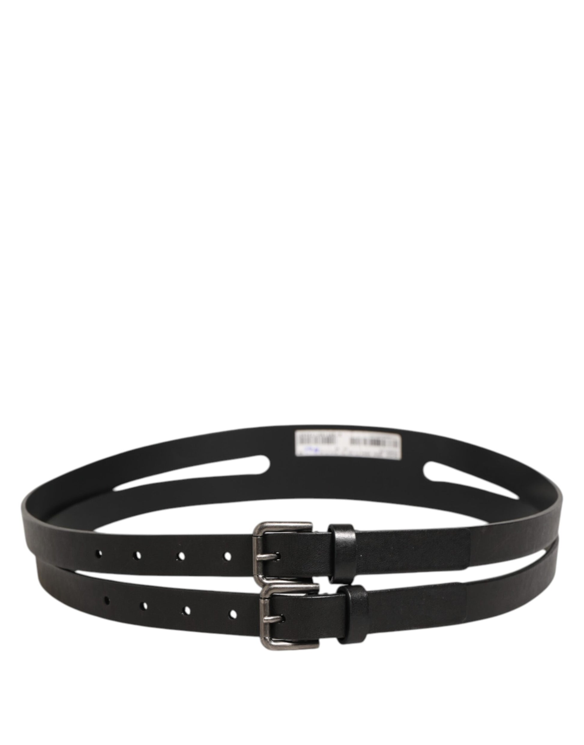Black Double Strap Leather Silver Buckle Belt