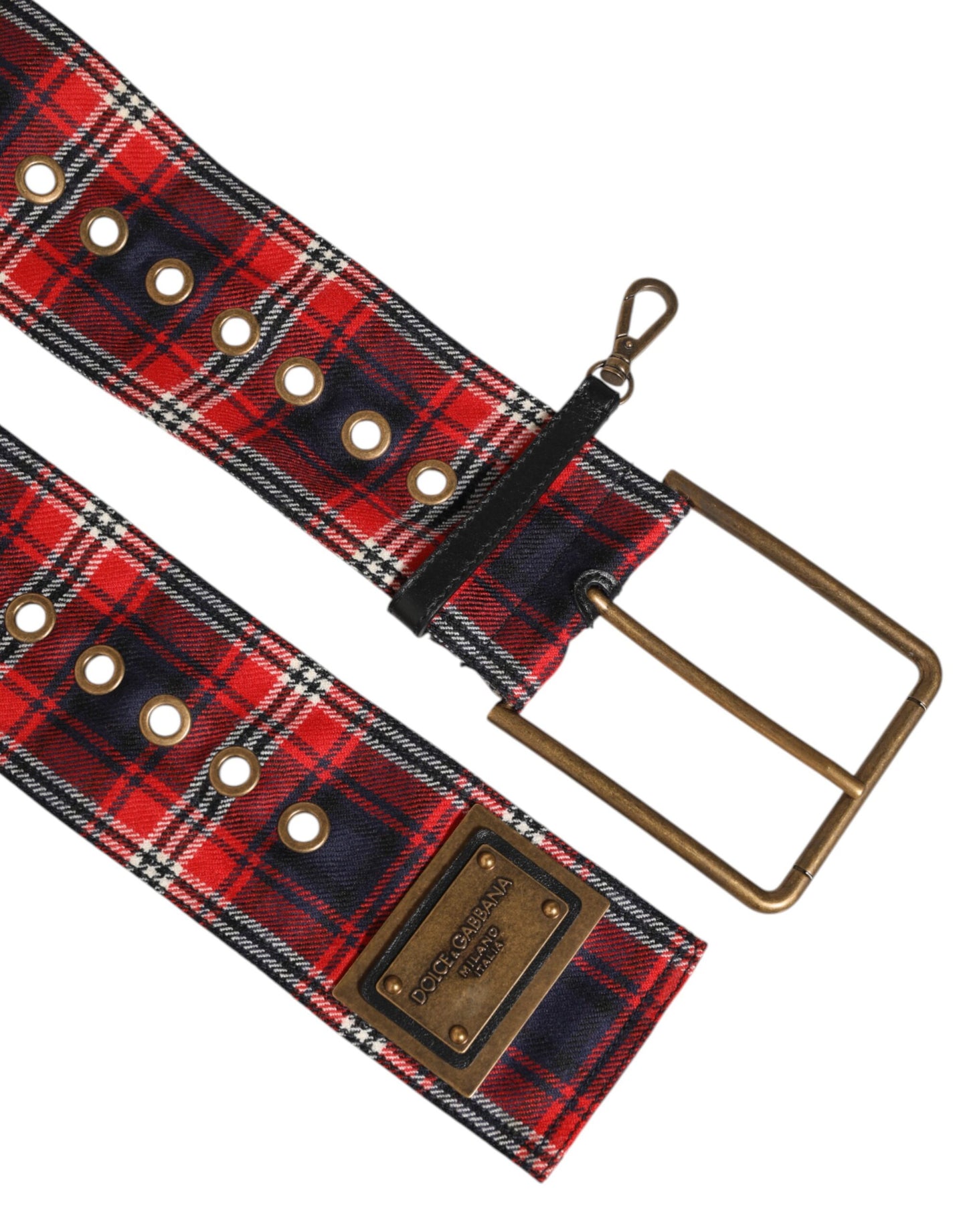 Red Plaid Fabric Logo Plate Brass Buckle Belt