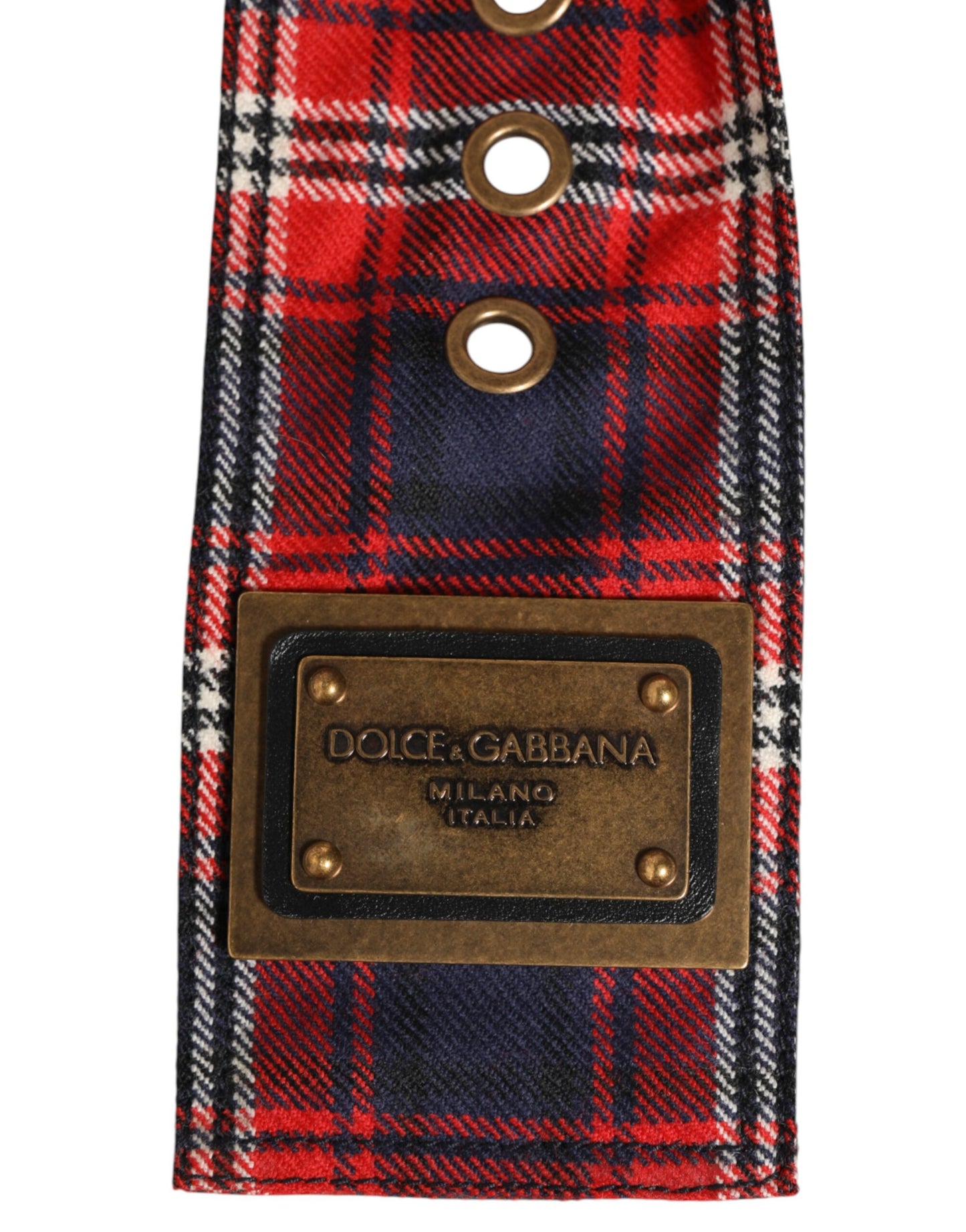 Red Plaid Fabric Logo Plate Brass Buckle Belt