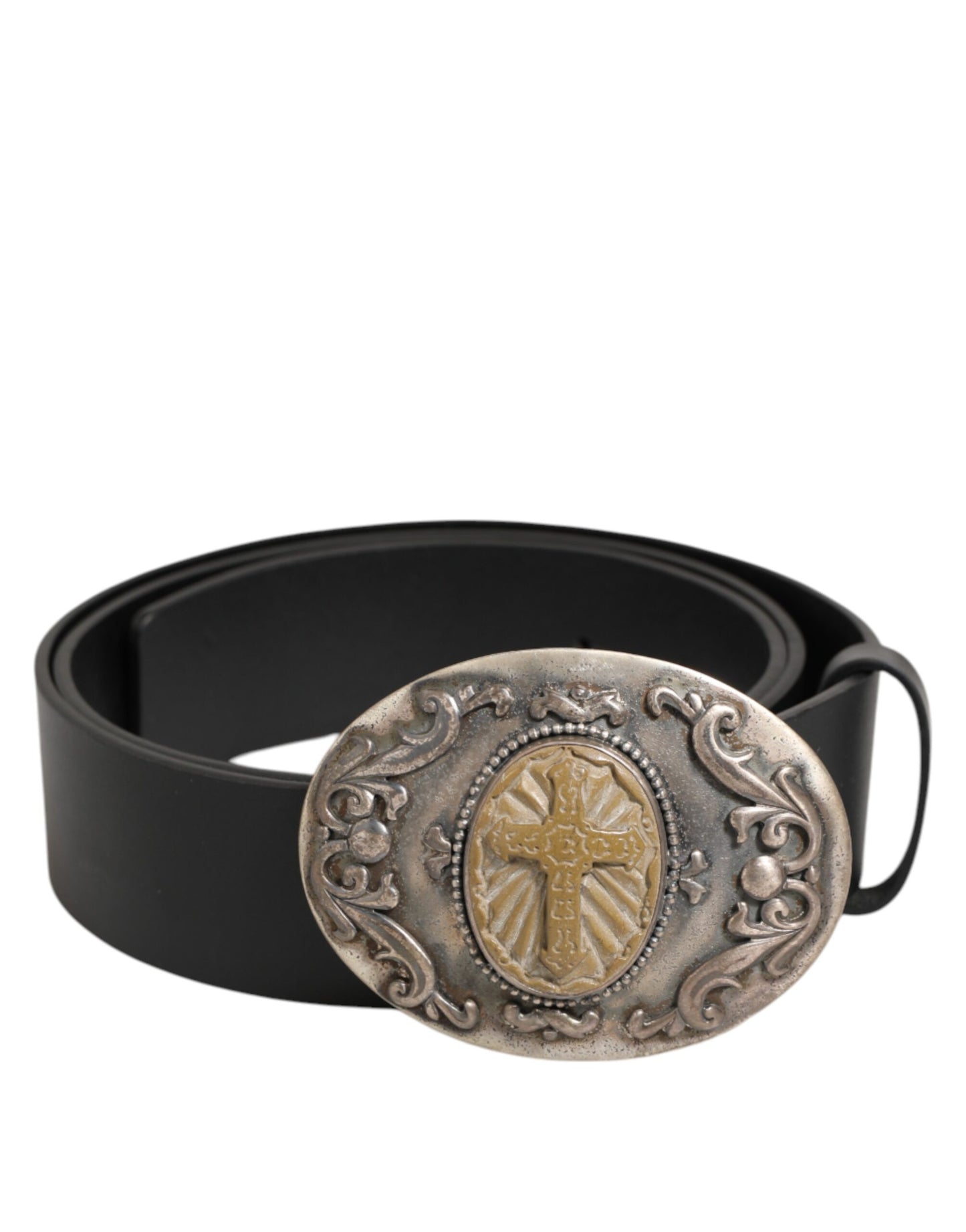 Black Leather Ornate Metal Buckle Men Belt