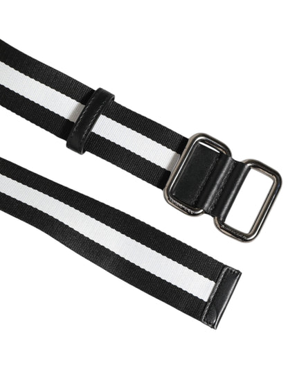 Black White Striped Logo Metal Buckle Belt