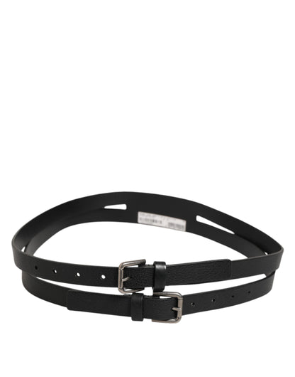 Black Double Strap Leather Gold Buckle Belt