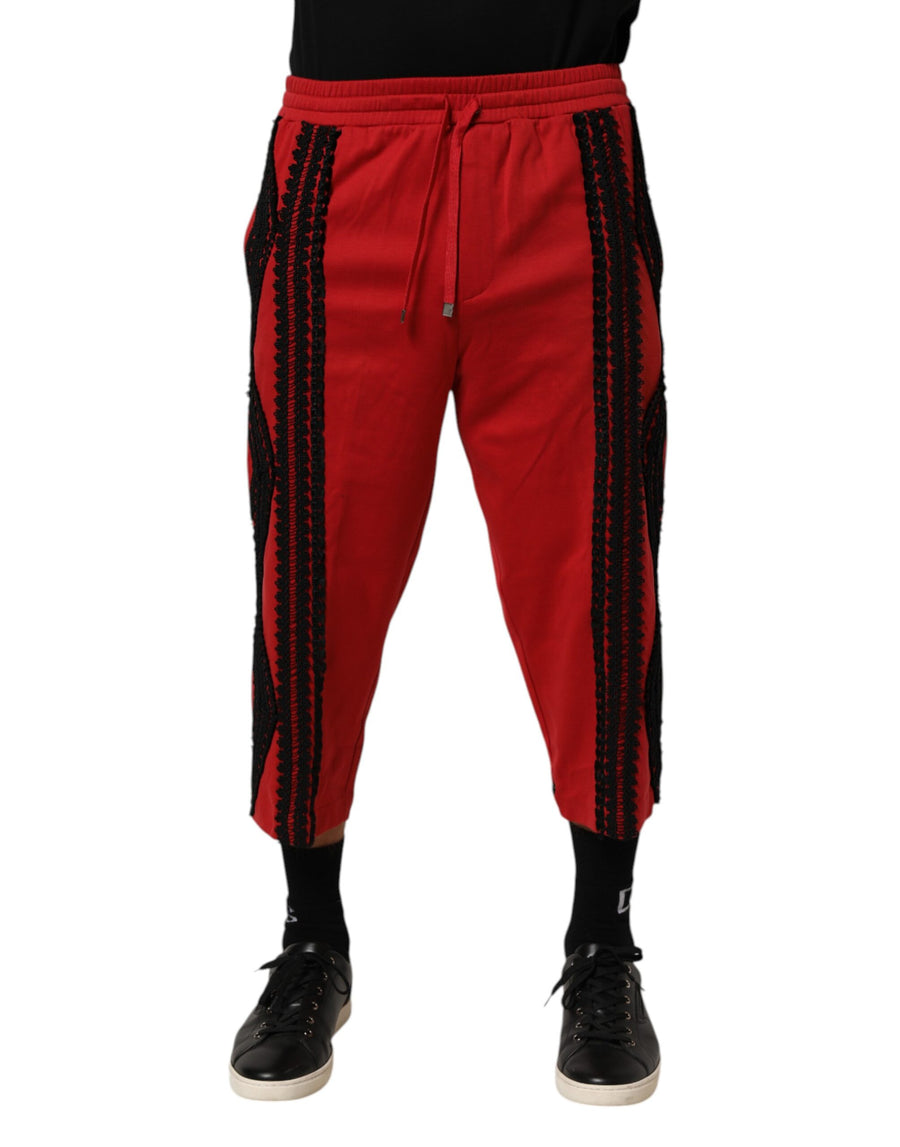 Red Embroidered Casual Cropped Trouser Pants