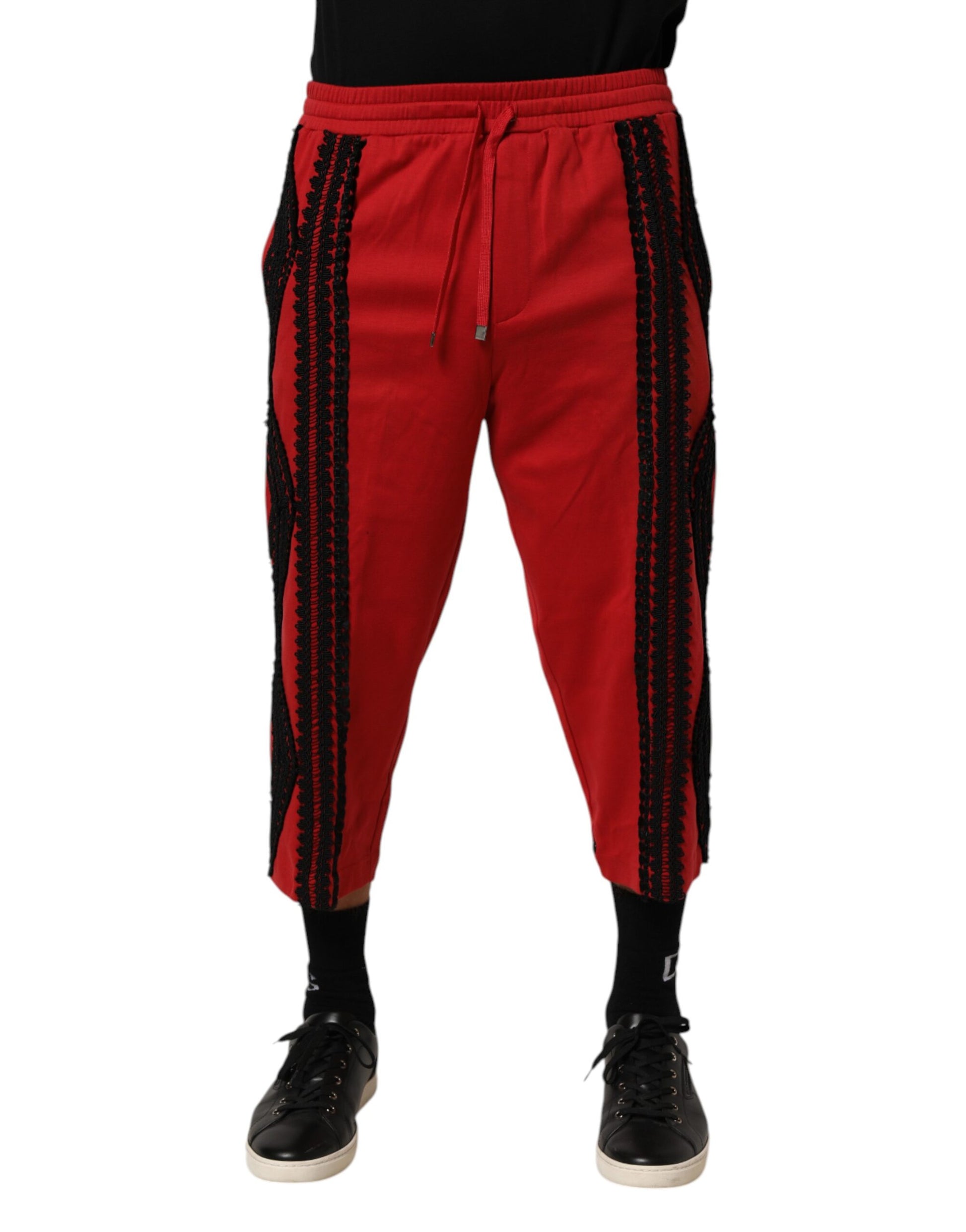 Red Embroidered Casual Cropped Trouser Pants