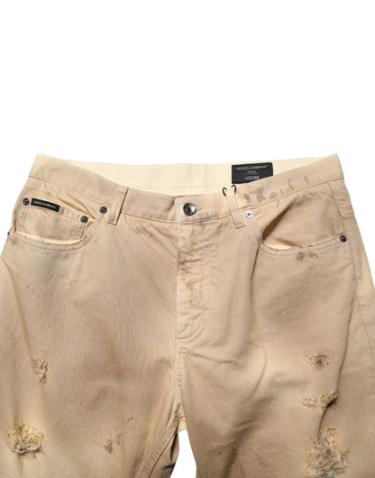 Beige Cotton Loose Tattered Men Denim Jeans