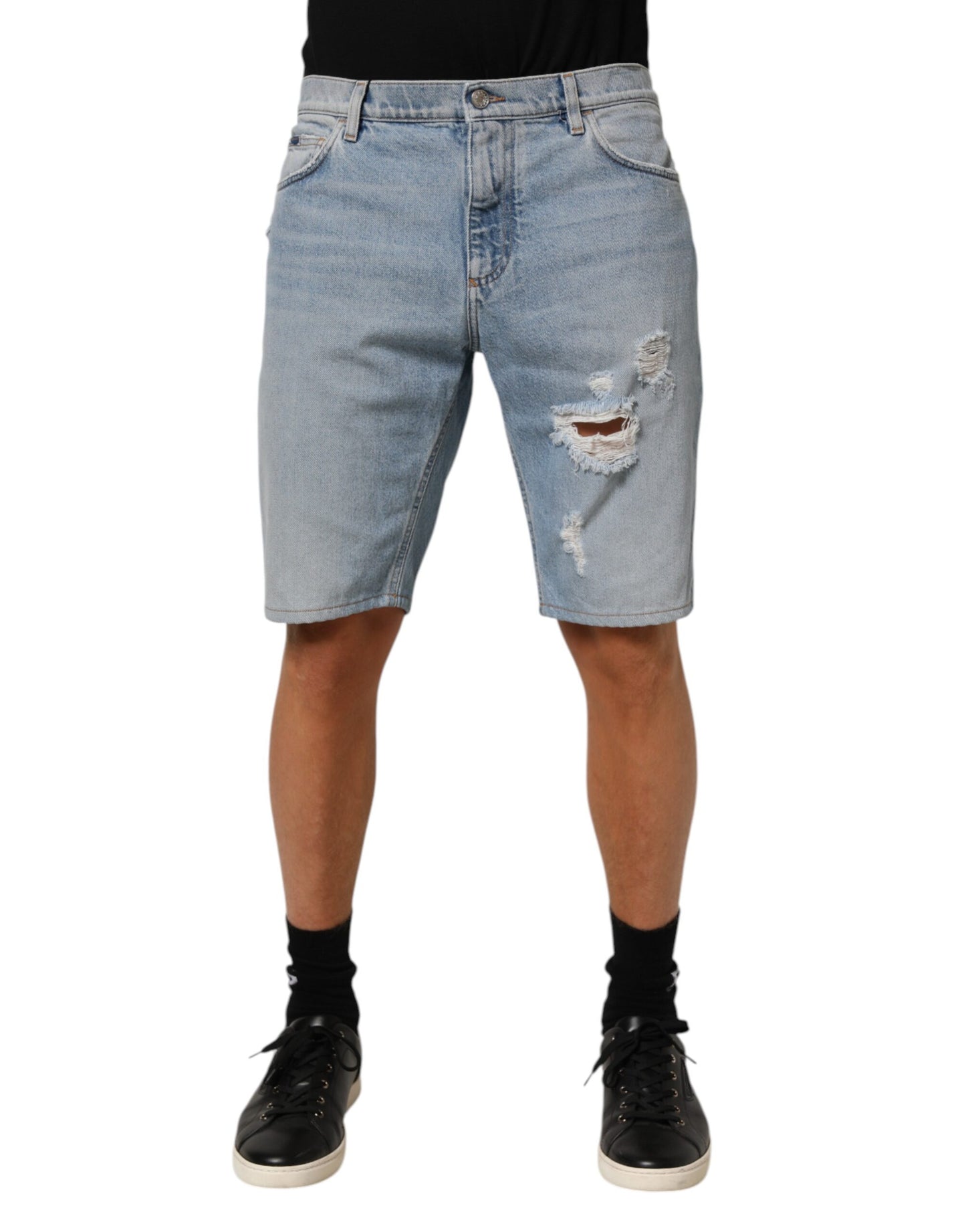 Blue Cotton Distressed Denim Bermuda  Shorts