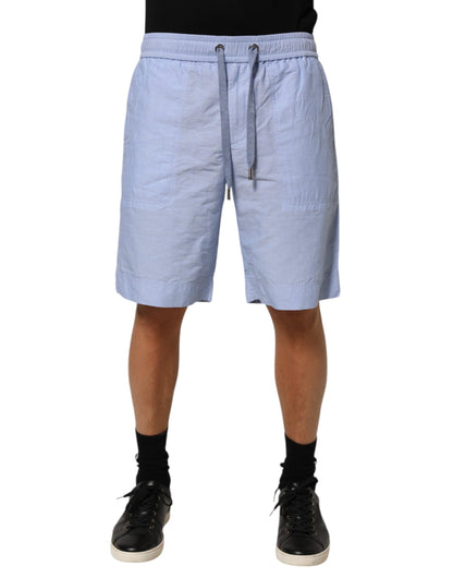 Light Blue Linen Mid Waist Men Bermuda Shorts