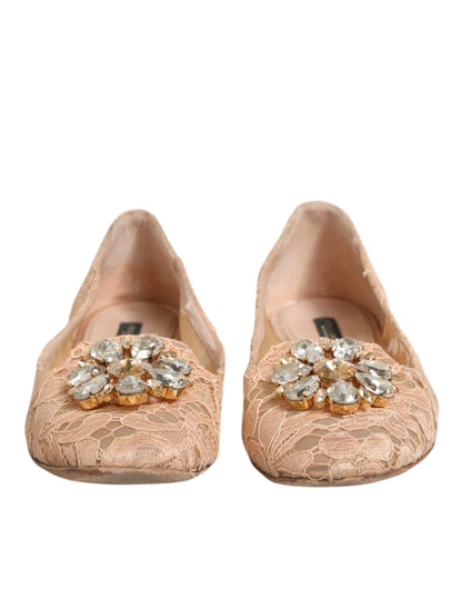 Beige Taormina Lace Crystals Flats Shoes