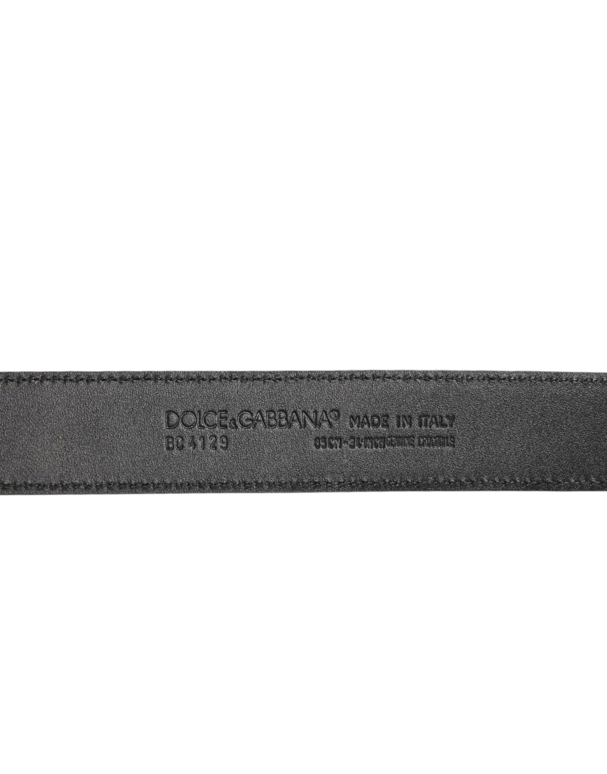 Black Exotic Leather Metal Logo Buckle Belt