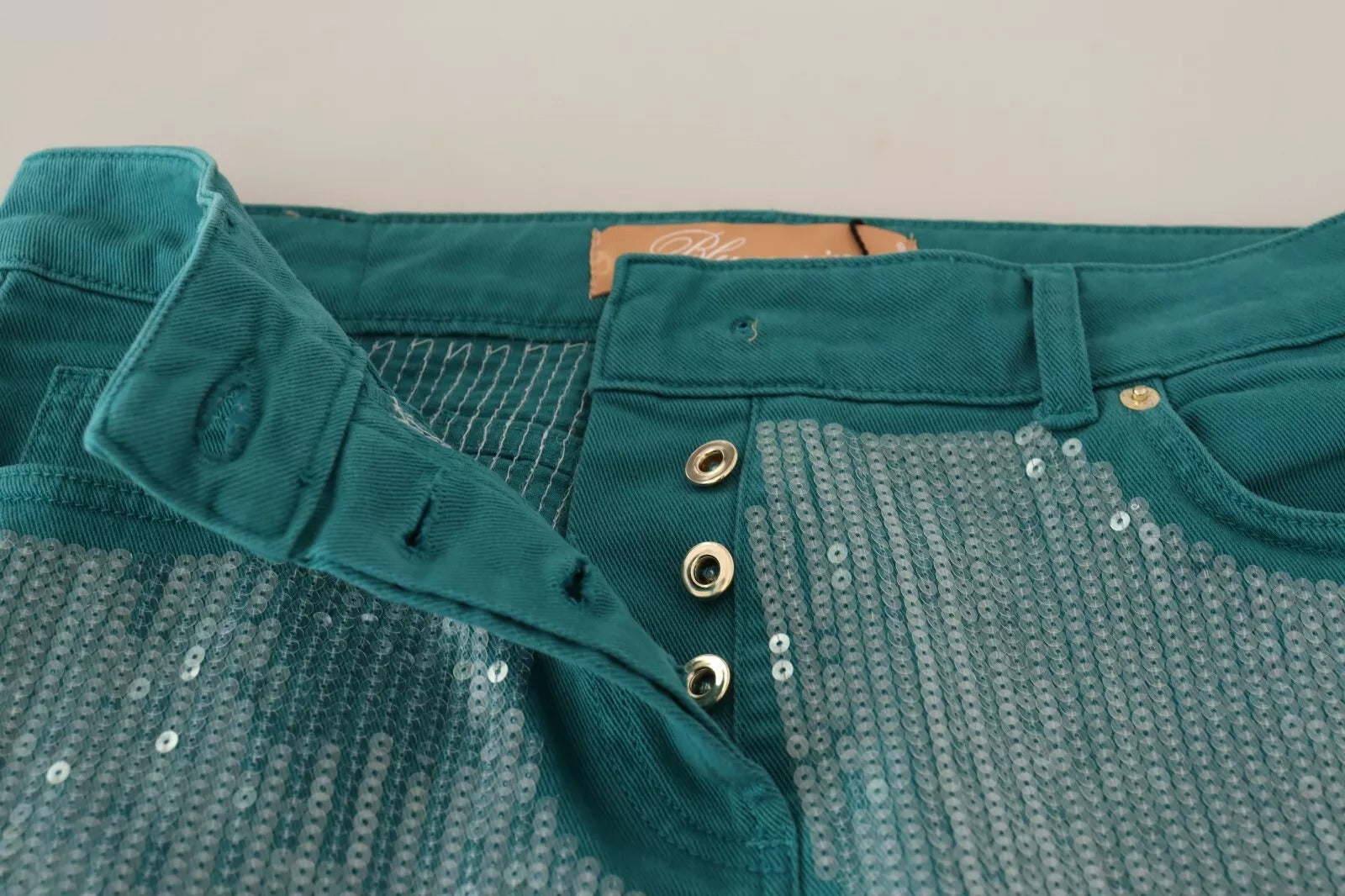 Cadet Blue Sequined Low Waist Cropped Trouser Pants