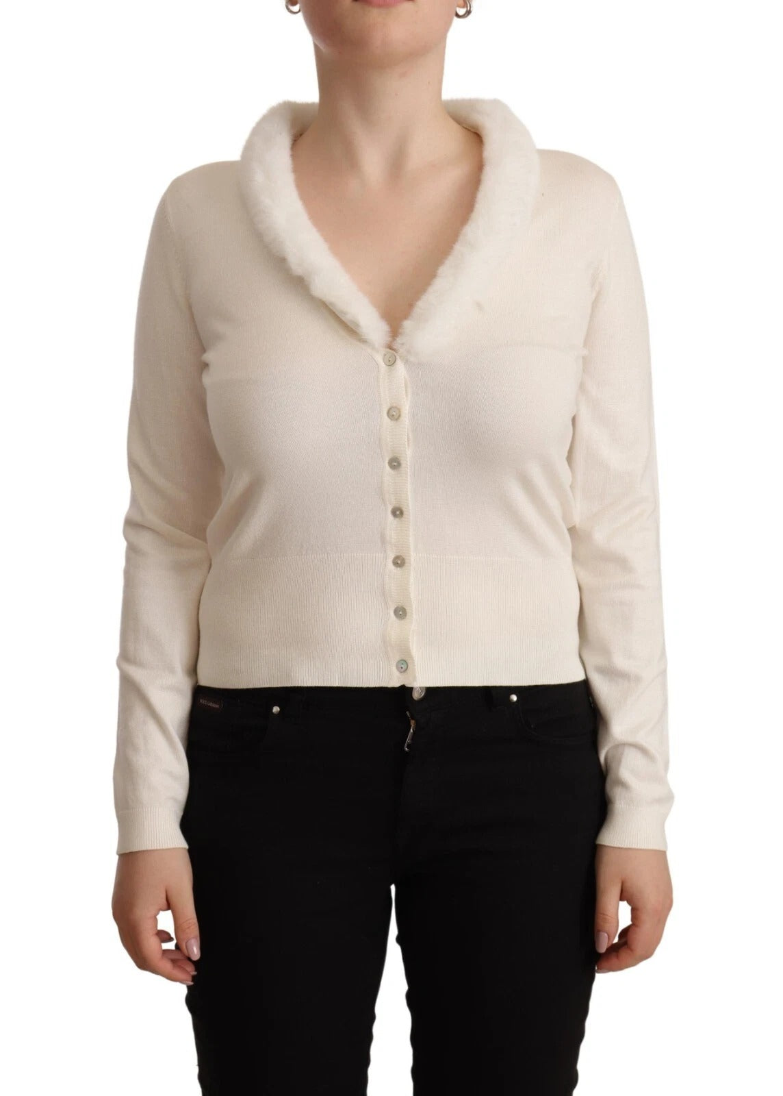 White Viscose Long Sleeves Fur Shearling Blouse