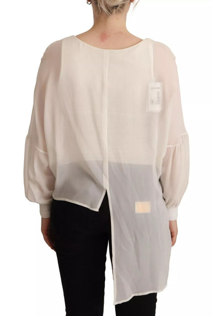 Off White Silk Long Sleeves Deep Vneck Top