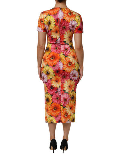Multicolor Floral Print SilkSheath Midi Dress
