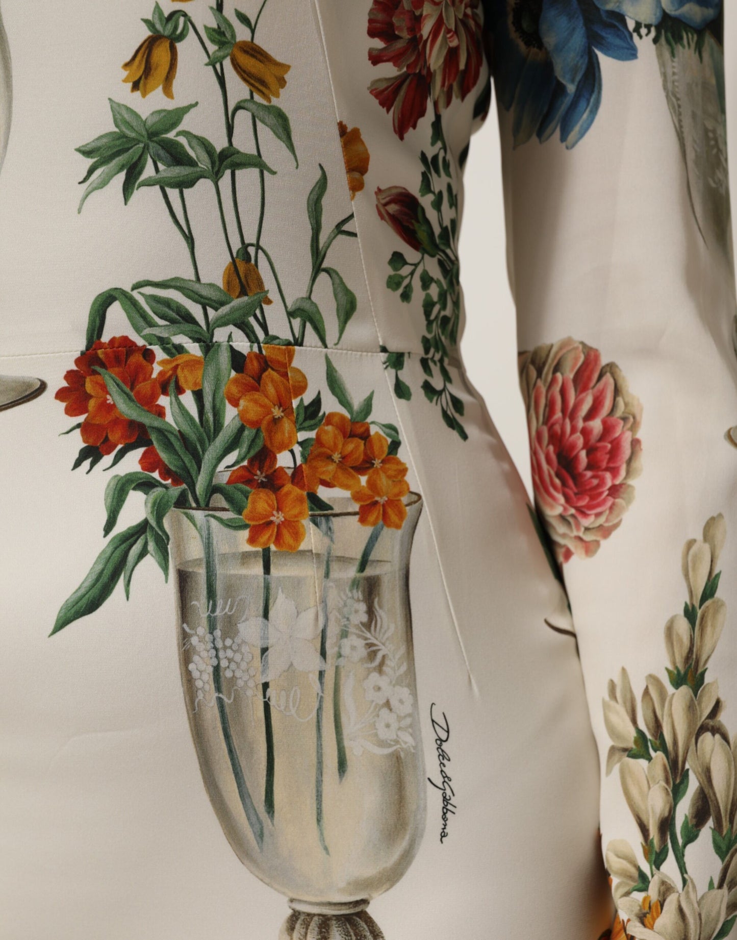 White Flower Vase Silk Sheath Midi Dress