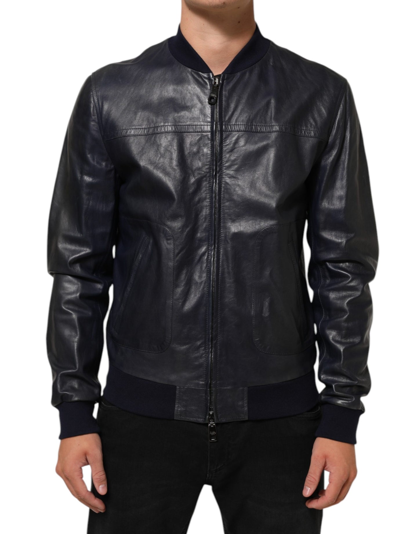Blue Leather Full Zip Biker Blouson Jacket