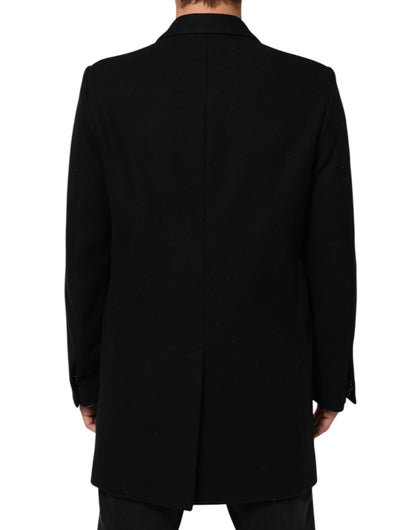 Black Wool Buttoned Men Trench Coat Jacket