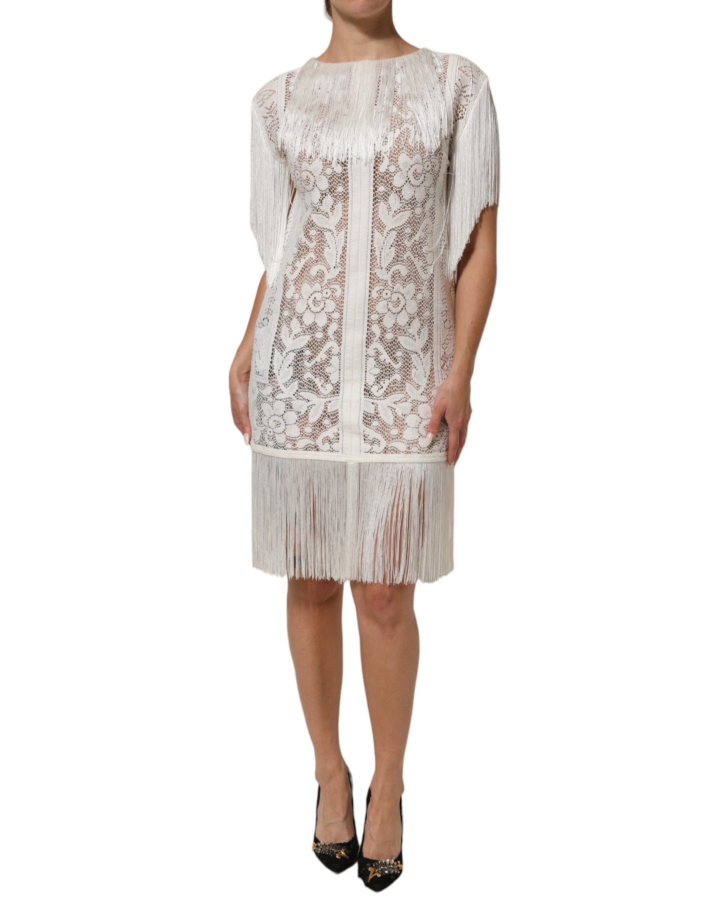 White Floral Lace Fringe Knee Length Dress