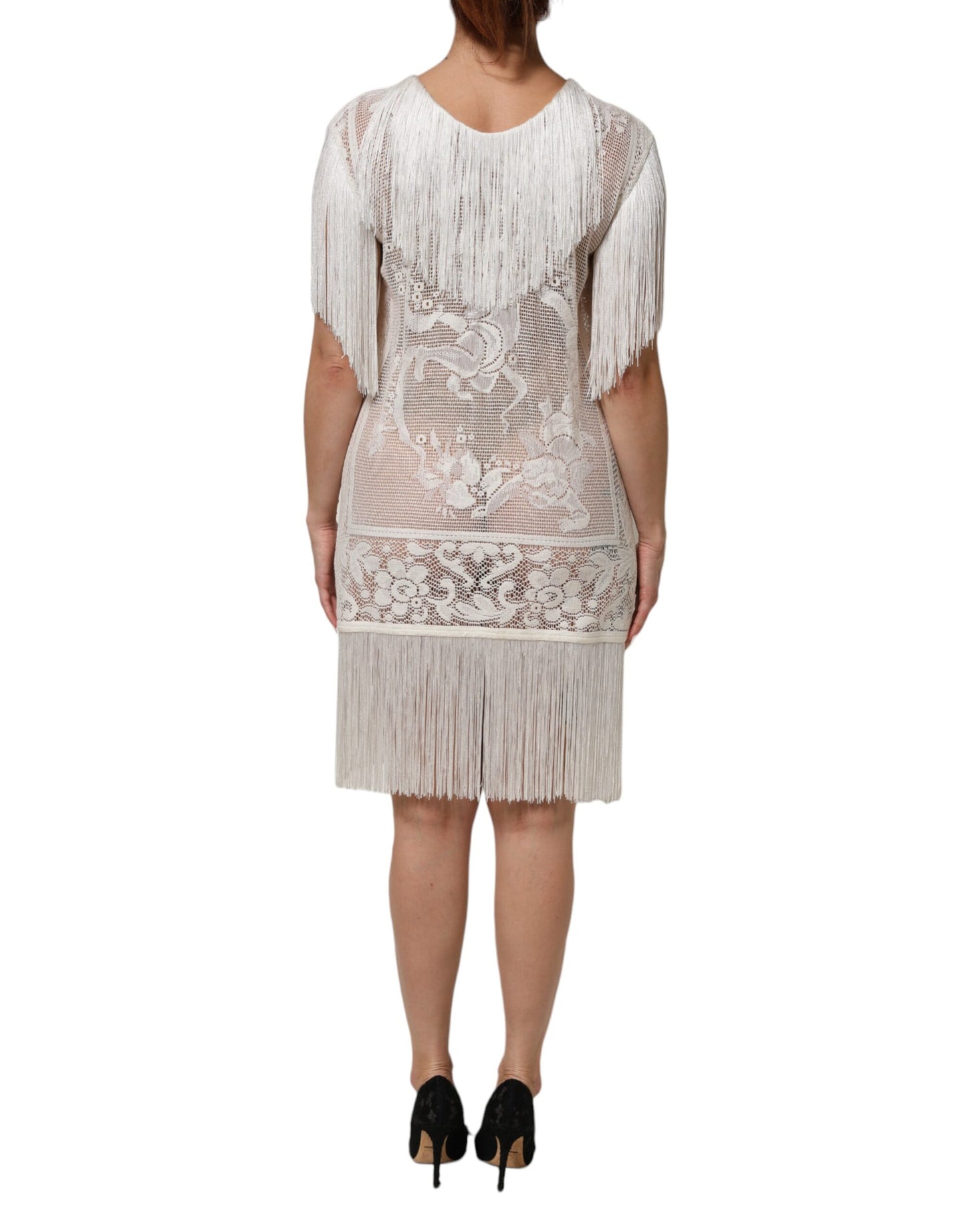 White Floral Lace Fringe Knee Length Dress
