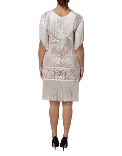 White Floral Lace Fringe Knee Length Dress