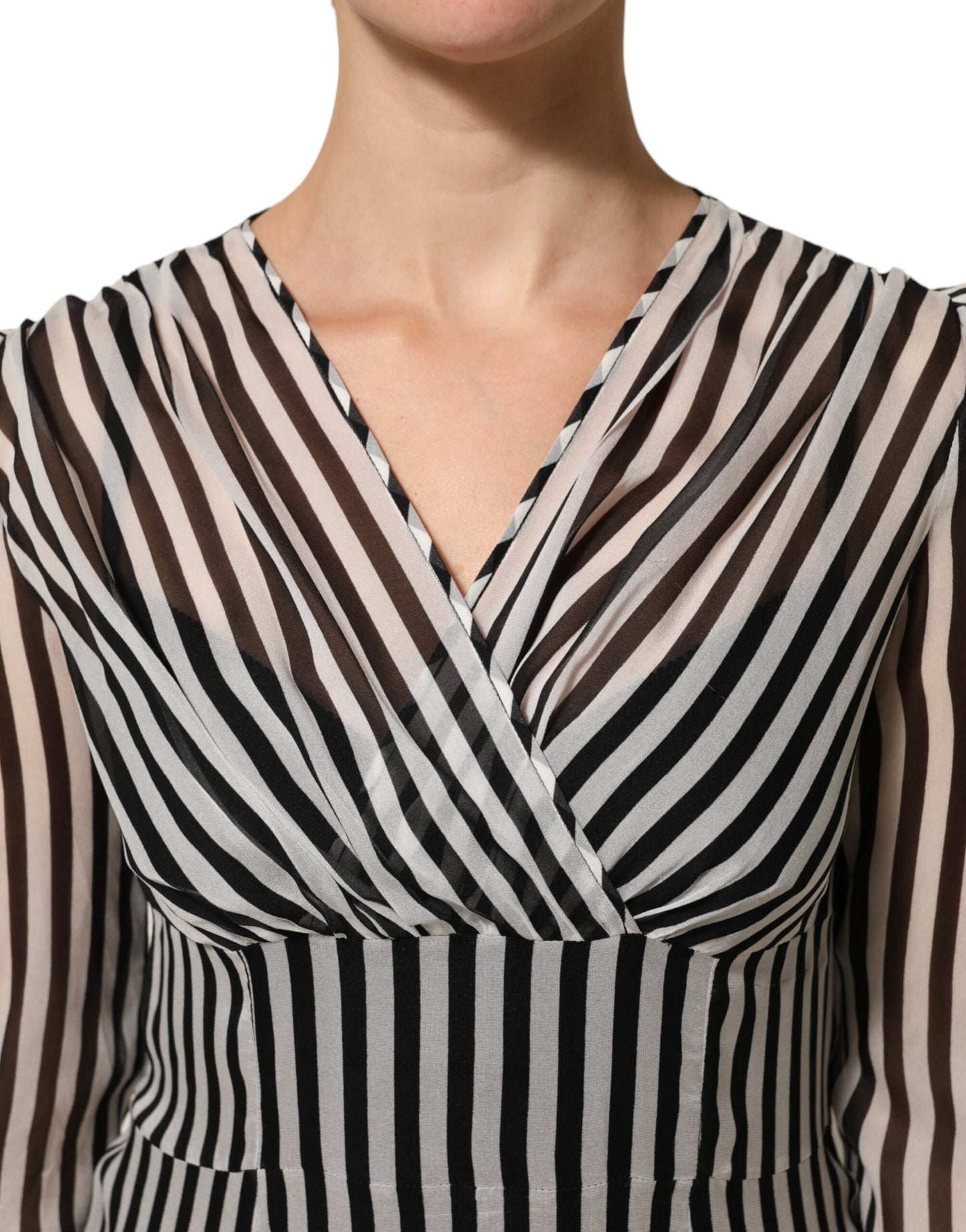 Black White Stripes Silk V-neck Midi Dress