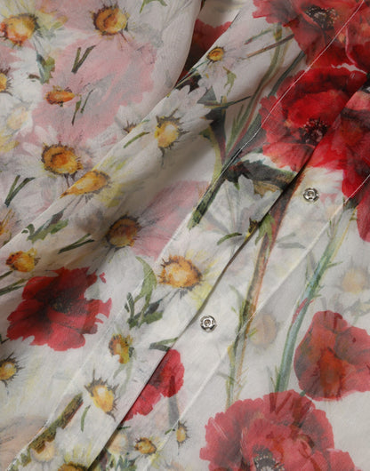 White Floral Tie-Neck Poppy Print Blouse Top