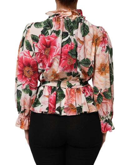 Pink Floral Printed Silk Ruffled Blouse Top