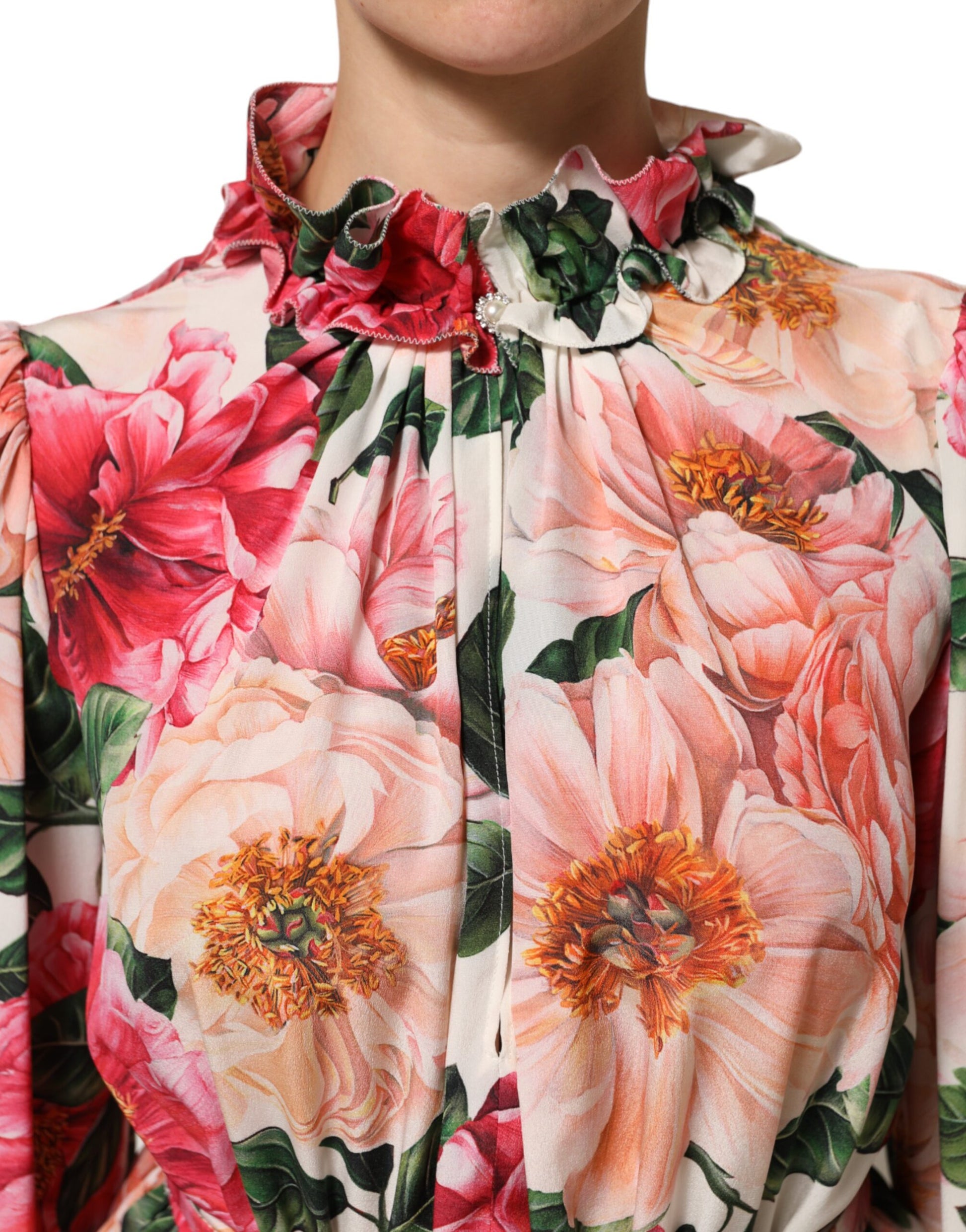 Pink Floral Printed Silk Ruffled Blouse Top