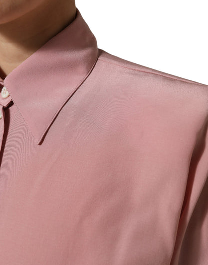 Pink Silk Collared Long Sleeves Blouse Top