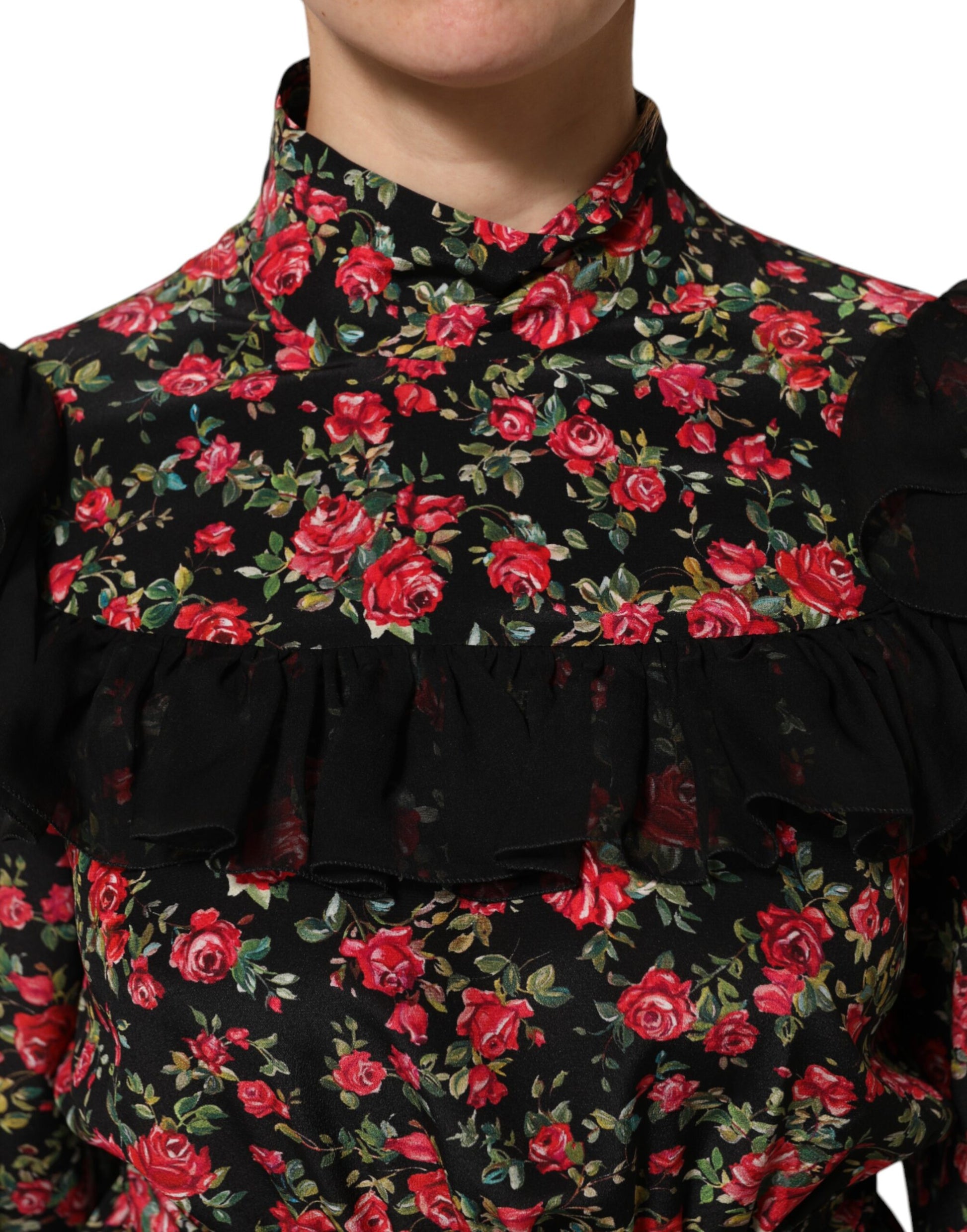 Black Floral Print Long Sleeve Blouse Top