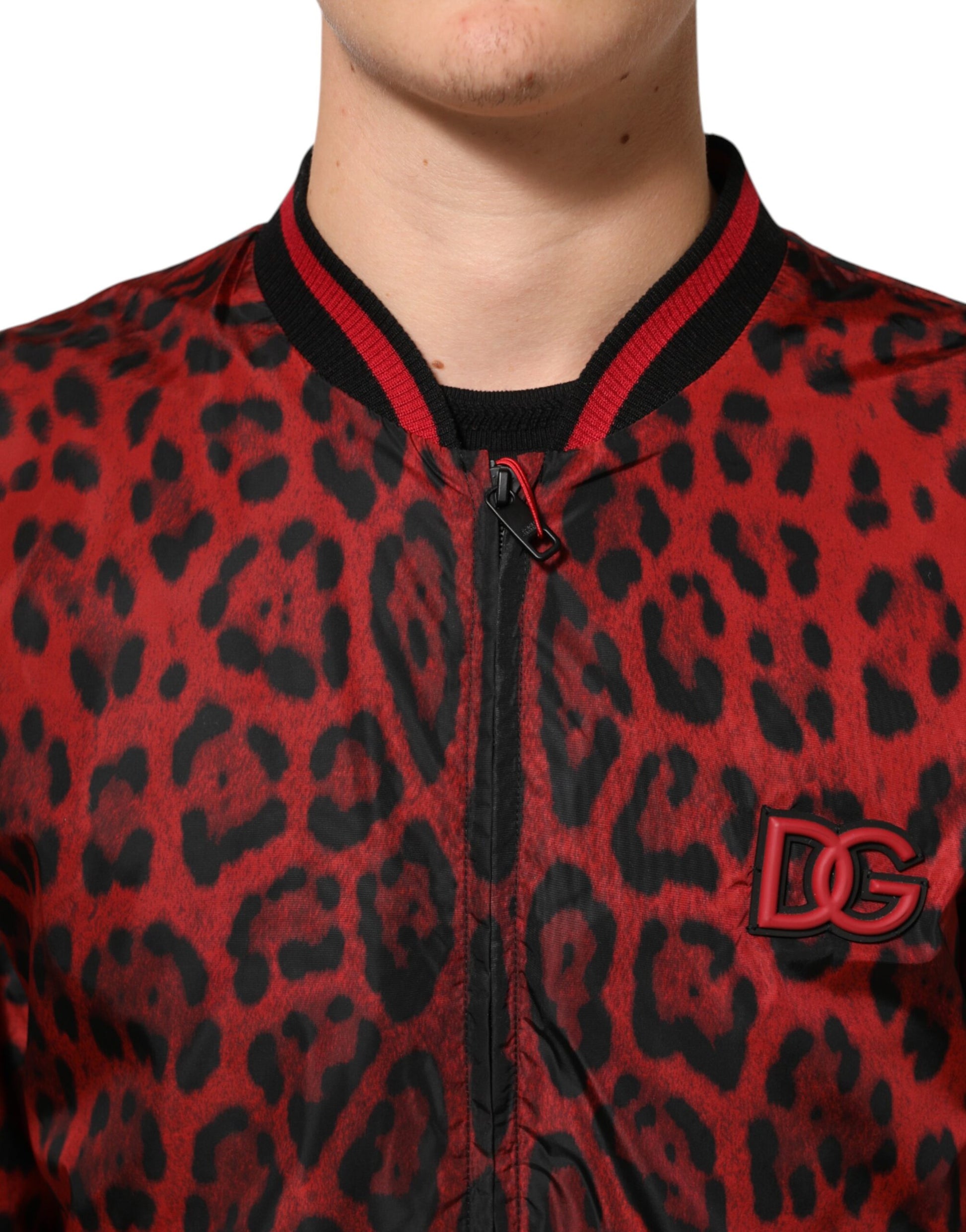 Red Leopard Print Full Zip Bomber Jacket