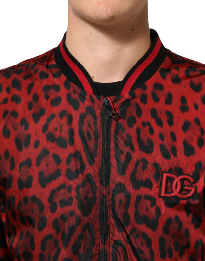 Red Leopard Print Full Zip Bomber Jacket