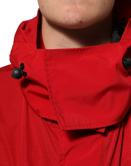Red Nylon Hooded Men Full Zip Parka Jacket