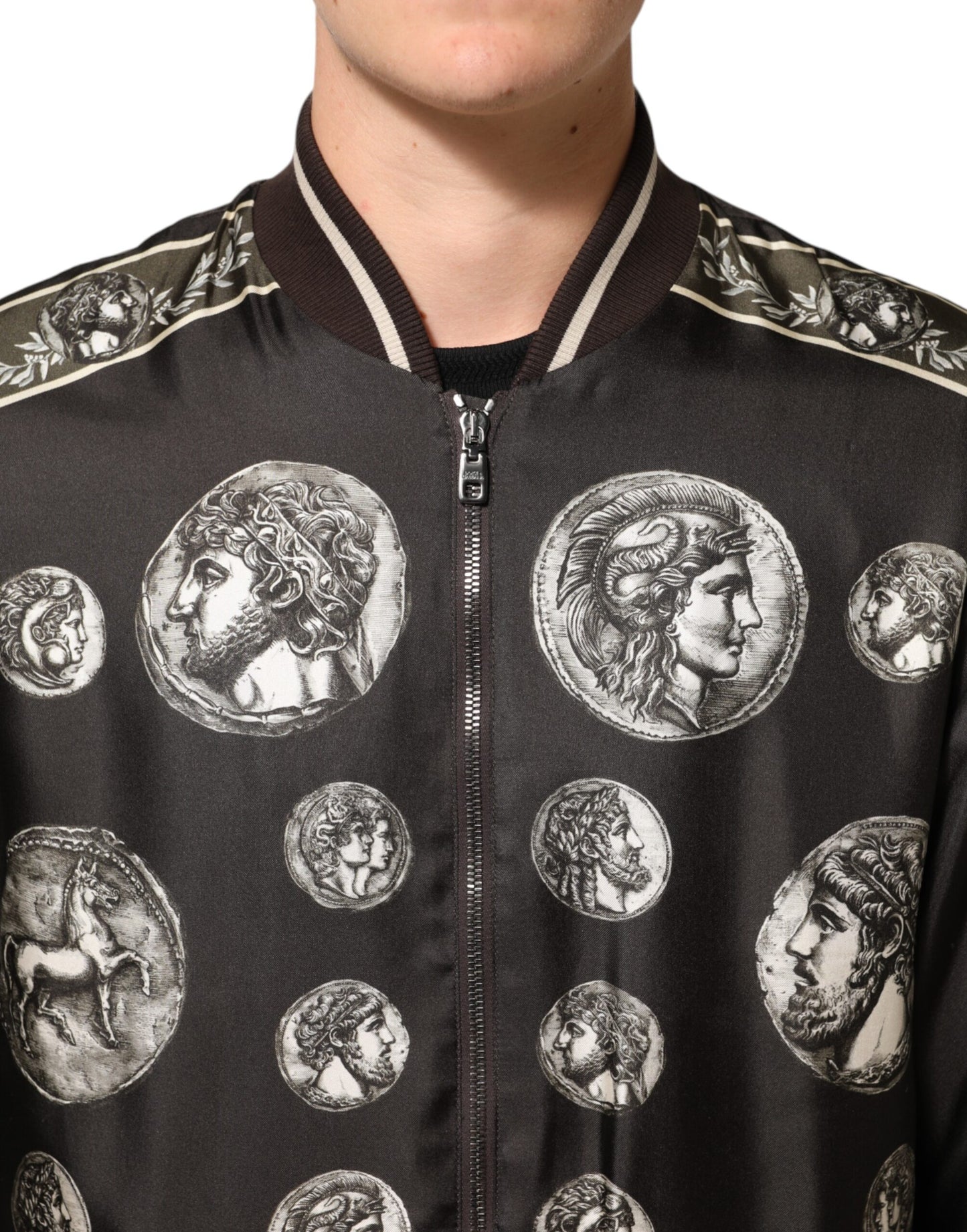 Black "Monete" Coin Print Silk Bomber Jacket