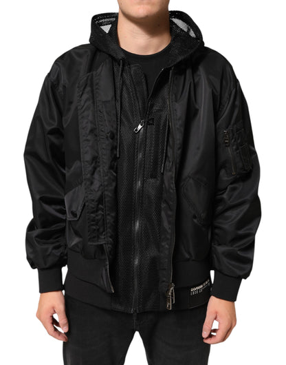 Black Nylon Hooded Full Zip Bomber Men Jacket