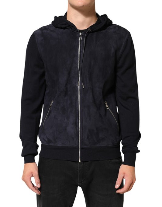 Black Leather Full Zip Hooded Blouson Jacket