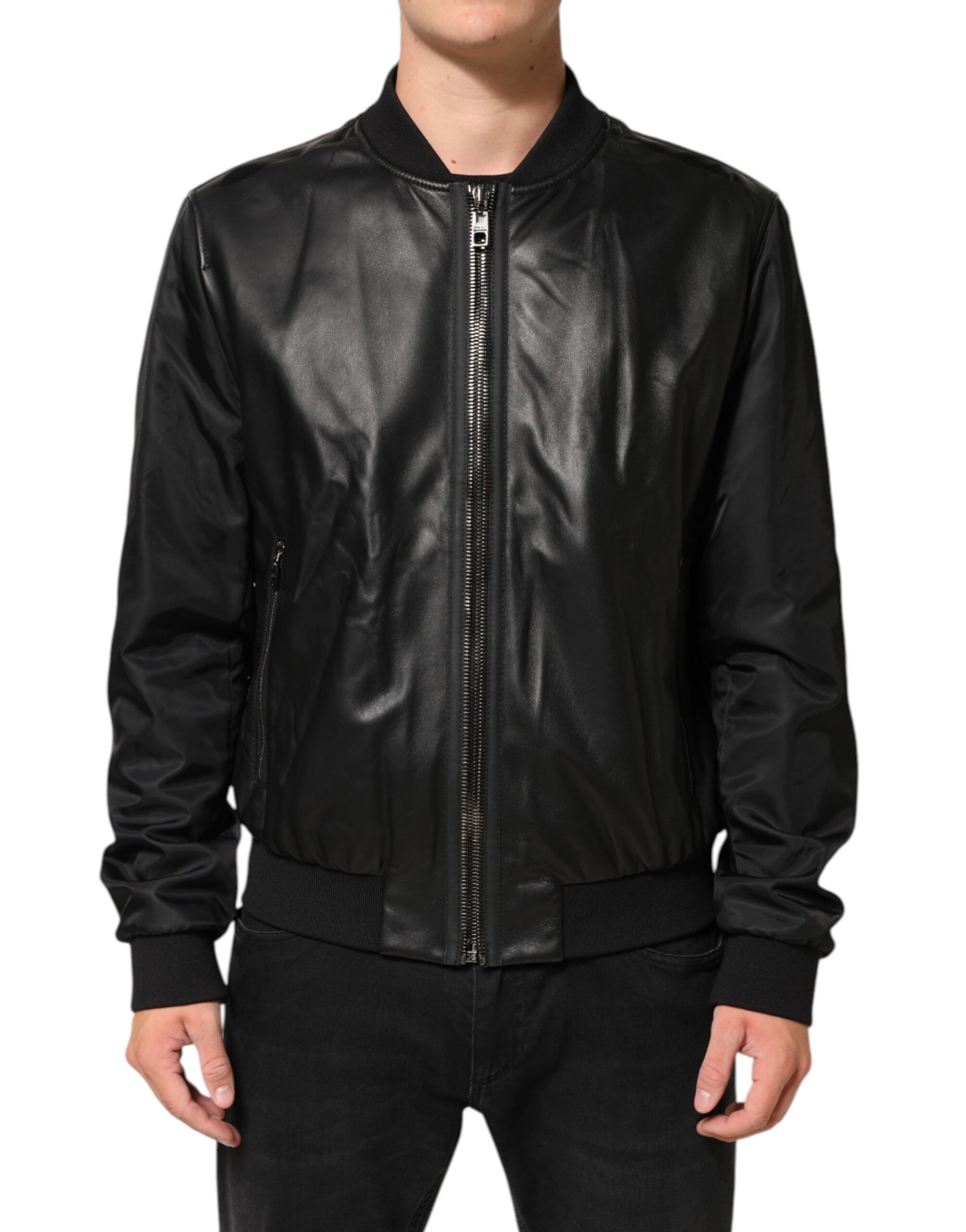 Black Leather Nylon FullZip Blouson Jacket
